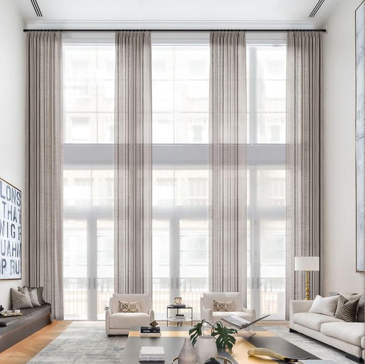 Frelement Pinch Pleat Faux Linen Curtains Drapery 180 Inches Extra Long Curtains for Loft High Ceiling Bedroom Light Filtering Window Treatments, 50" W x 180" L, 1 Panel, Sand Beige