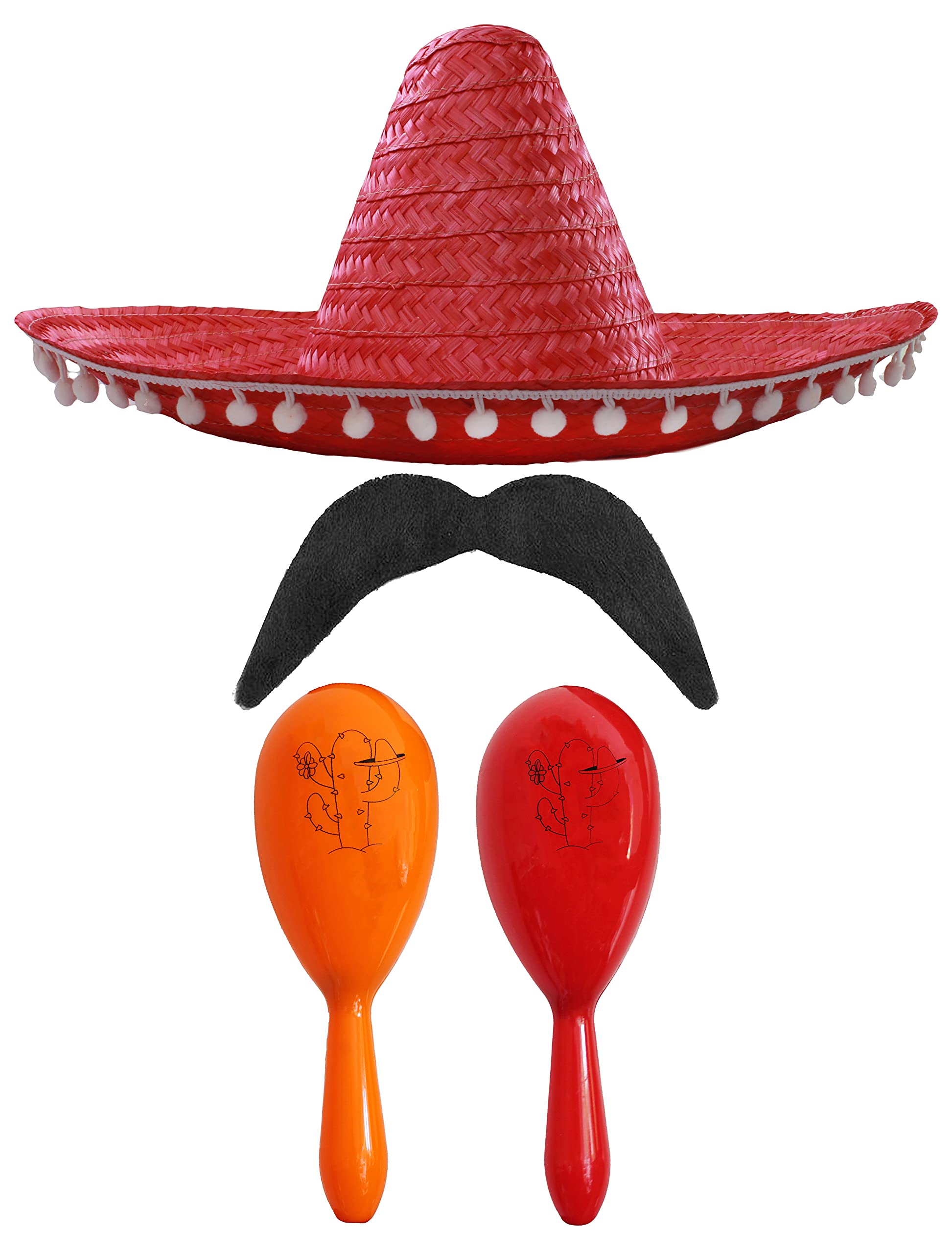 Adults Mexican Accessory Set - Natural Mexican Sombrero, Orange & Red Maracas, Moustache - Mexican Cinco de Mayo Sensorita Bandit Mariachi Fancy Dress Costume Accessory Set