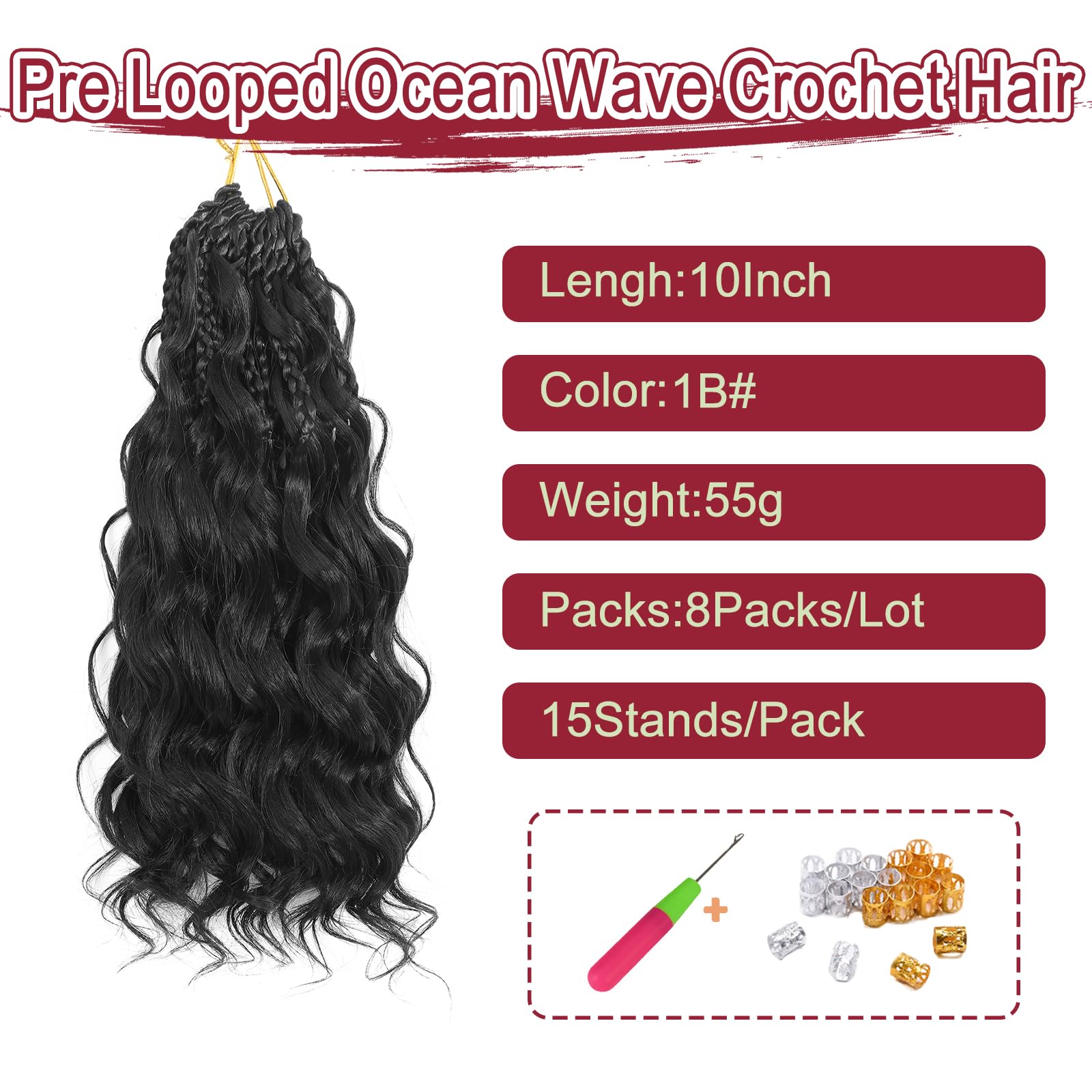 MLETUILPS Pre Looped Ocean Wave Crochet Hair 8 Packs Boho Curly Crochet Hair Short Ocean Braids Pre Twisted Synthetic Deep Wavy Crochet Braids for Women (1B# - Image 3
