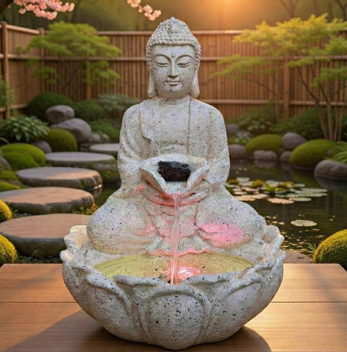 AAHNA Buddha Water Fountain for Home Decor Tabletop Indoor Fountain with LED Light Lotus Bowl Meditation Zen Decorative Showpiece for Living Room Office Desk Spiritual Decoration-image-23