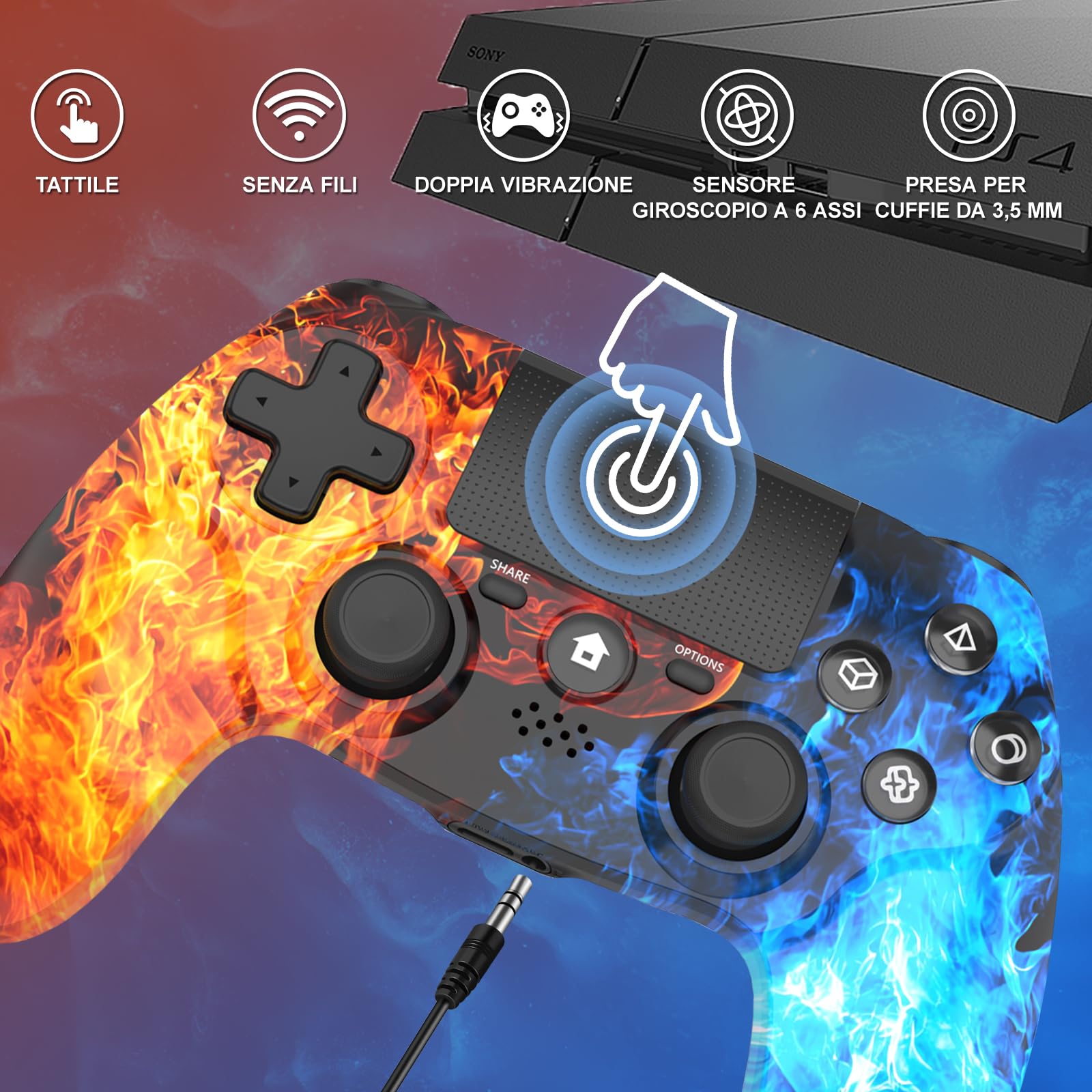 Controller wireless per PS4, Gamepad remoto senza fili con/doppia vibrazione / 6 assi sensore di movimento/funzione audio, controller di gioco ampiamente compatibile con PS4 / PC/iOS (rosso)