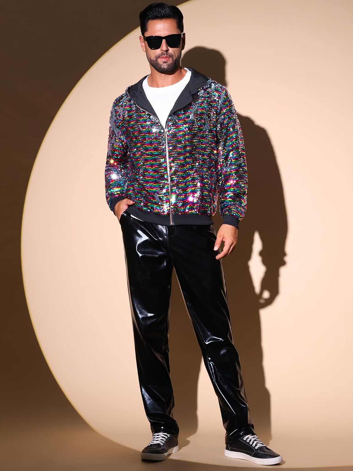 Lars Amadeus Sequins Jacket for Men's Long Sleeves Zip Up Flip-Sequin Sparkle Metallic Hoodie Jackets