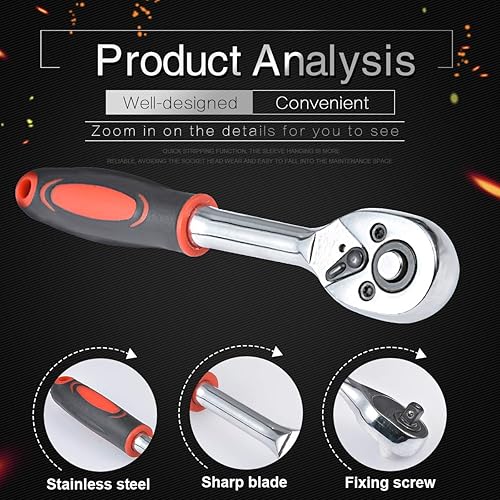 Miniatura 7 de KATUR Llave de trinquete para enchufe, 24 dientes de acero al cromo vanadio, mango de trinquete de liberación rápida y barra de extensión (llave de