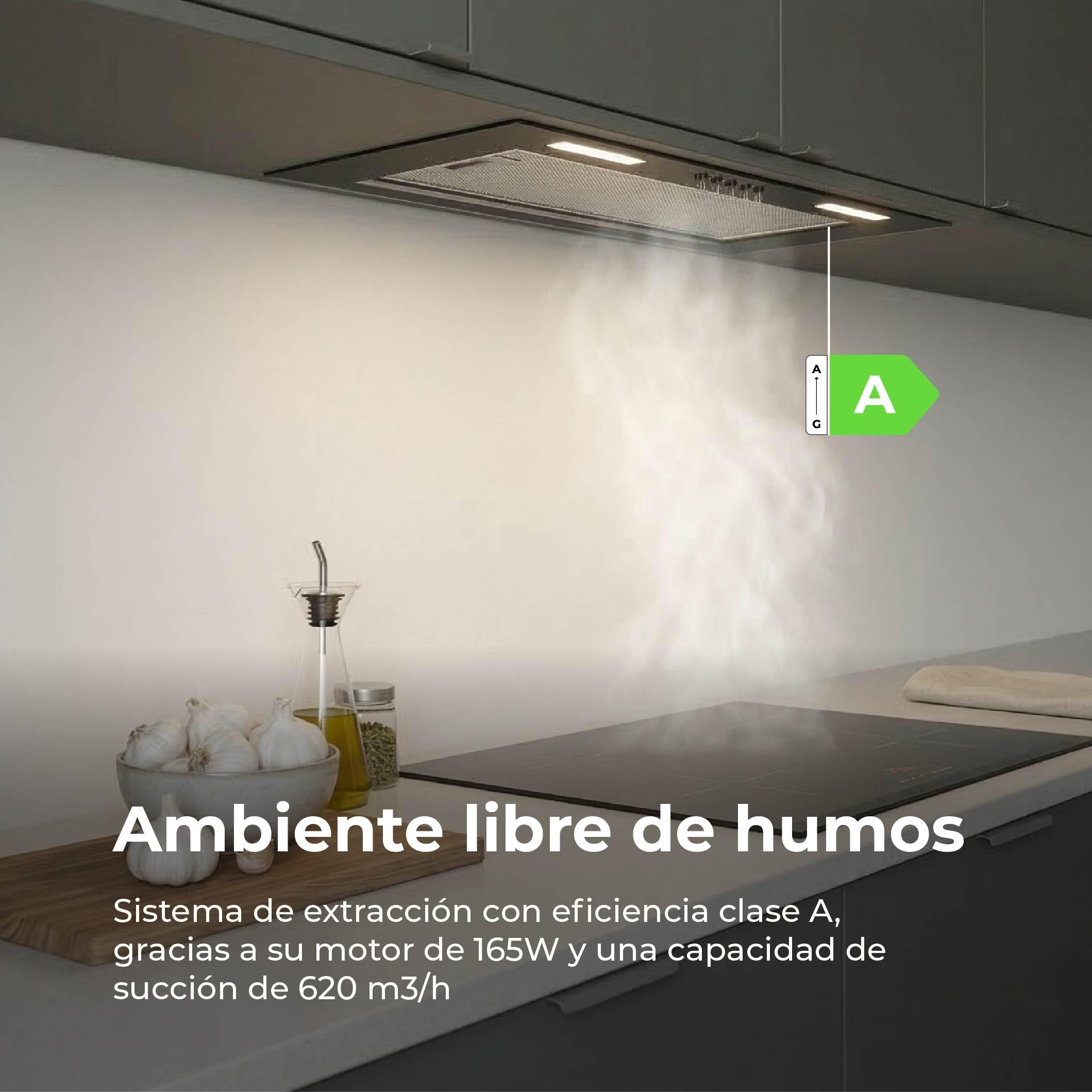 Campana Extractora 60 cm EVVO CEi50 Black - Clase A, Succión 620 m3/h, Motor 70W, Campana Extractora Integrable con Filtro de Carbón Activo y Aluminio, 3 Velocidades + Boost, Temporizador, Negra