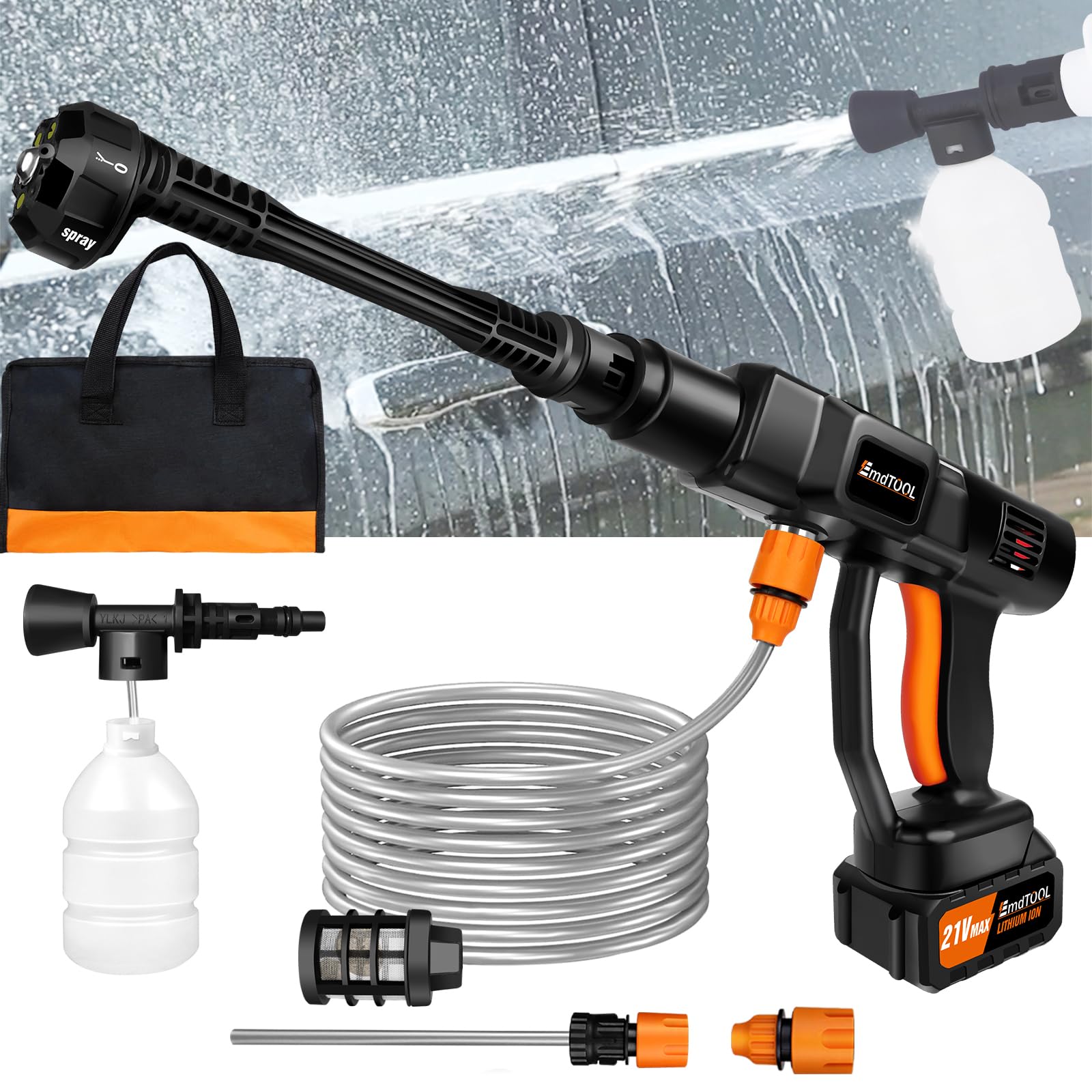 Hidrolimpiadora sin cable21V Hidrolimpiadora Eléctrica con Batería Boquillas Manguera de 16Ft Bolsa de Transporte para Limpieza de Patios y Lavado de Coches