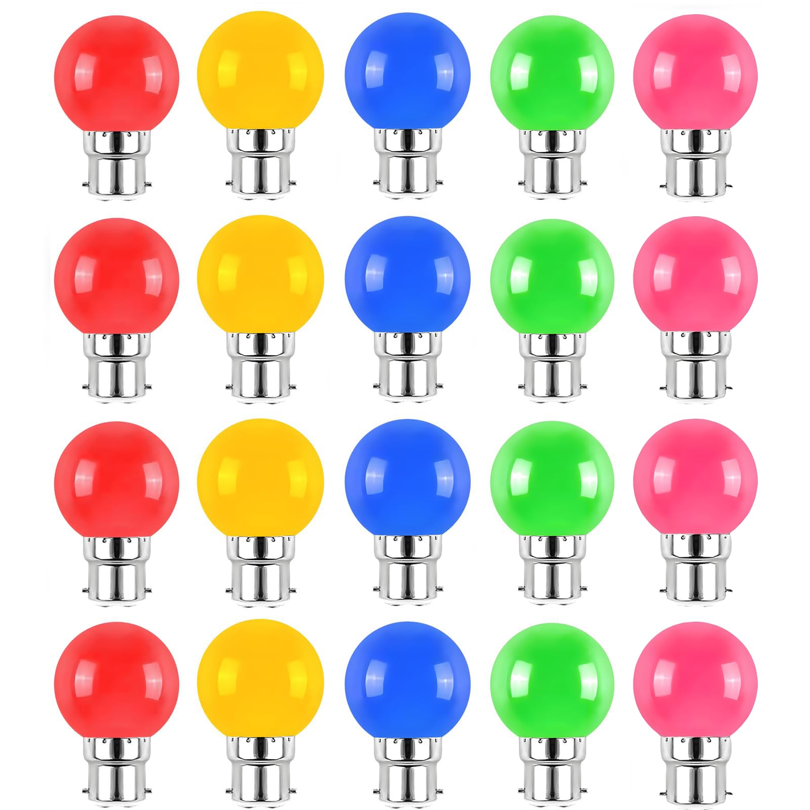 Jiotouhu 20 Pack Multi Color Light Bulb B22 Bayonet, Brightfour Decorative Festoon Bulb 2W, Small Golf Ball Bulb,red Yellow Blue Green Pink