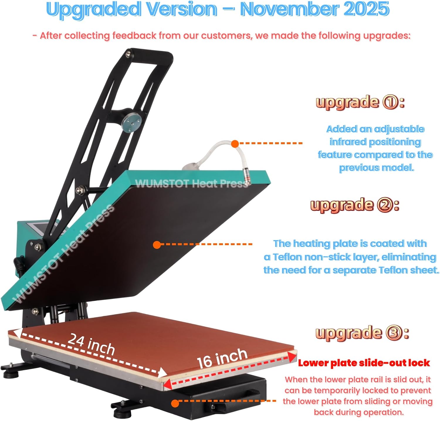 Heat Press Machine for T-Shirts: 2025 Upgraded 16x24 Auto Open Heat Press Slide-Out,Heated Surface with Teflon Non-Stick Coating,110V, 2000W, for DTF on Tshirts, Bags, Cushion(Not for Sublimation)