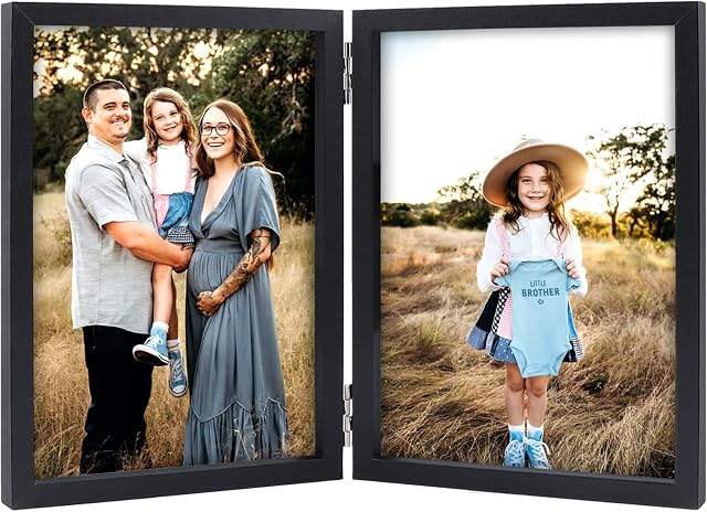 Double Photo Frame 5x7 Hinged Folding Wood Picture Frame with Glass Front Stand Vertical on Desktop Black