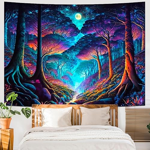 Yuiqear Tapiz de bosque de fantasía, tapiz de árbol de la vida, tapiz Trippy Galaxy Luna, tapices de pared con árboles de bosque brumoso, tapiz