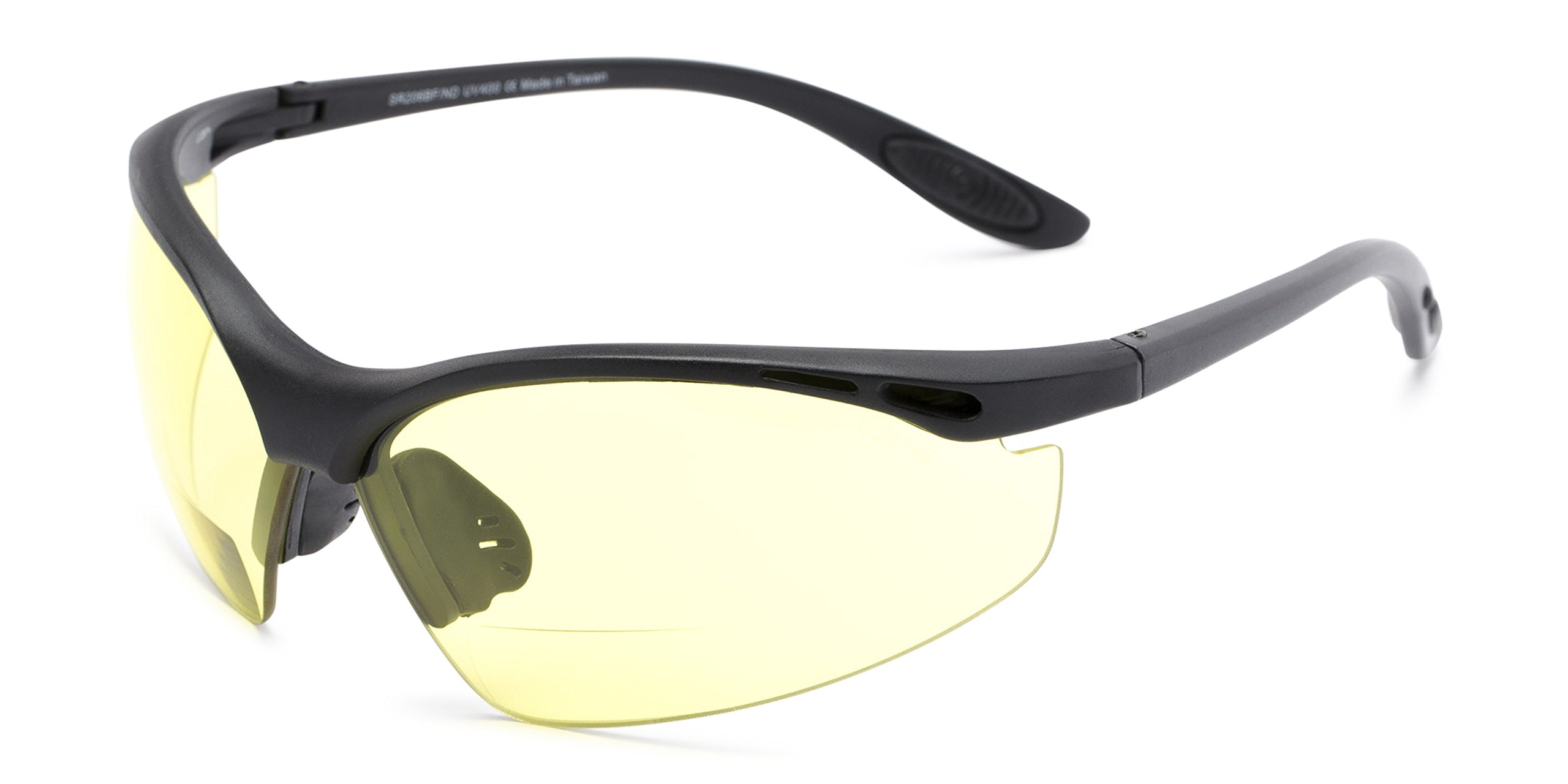 Readers.com The Clark Bifocal Safety Reader Matte Black with Yellow Yellow Safety Bifocals with ANSI Z87.1 Safety Lenses Sport & Wrap-Around Reading Glasses, Black, 5.6" wide 1.6" tall
