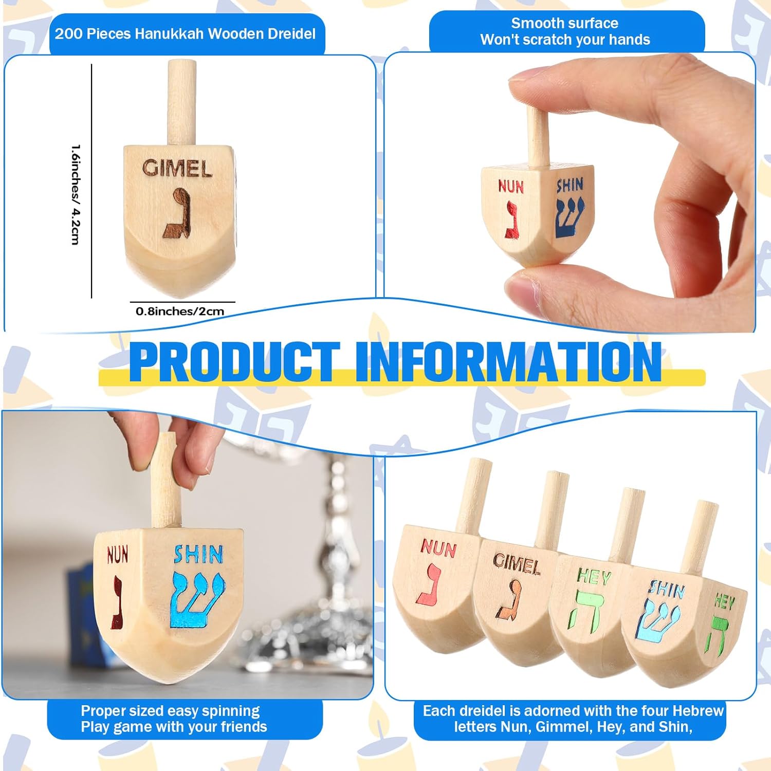 Libima 200 Pieces Passover Wooden Dreidels Natural Wood Dreidels for Hanukkah Purim Rosh Hashana Party Decorations Projects Crafts Family Party Supplies (1.6 Inch)