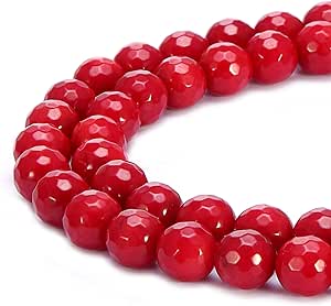 BRCbeads Natural Red Coral Gemstone Loose Beads Faceted Round 8mm Crystal Energy Stone Healing Power for Jewelry Making-Natural Coral Dyed Red Color