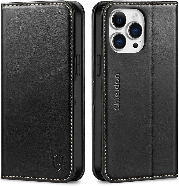 SHIELDON Case for iPhone 14 Pro Max 2022, Genuine Leather Wallet Folio Case with [Kickstand][RFID Blocking][Credit Card Slots] Magnetic Protection Cover Compatible with iPhone 14 Pro Max, Retro Black