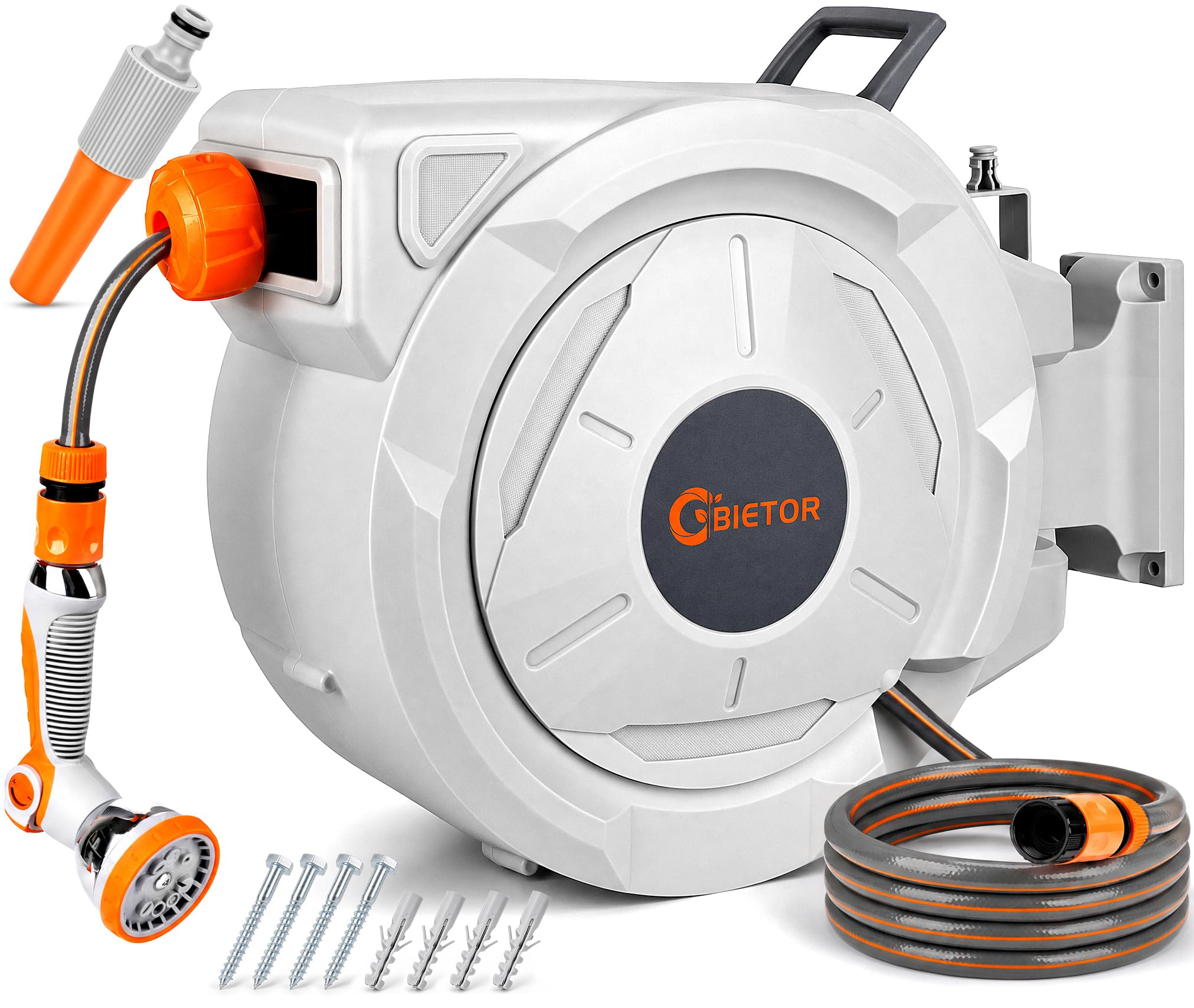 Bietor Retractable Garden Hose Reel, 1/2“ x 30m+2m Upgraded UV Resistant Heavy Duty Wall Mounted Hose Reel with 10 Patterns Nozzle, Any Length Lock, Slow Return System, 180°Swivel Bracket