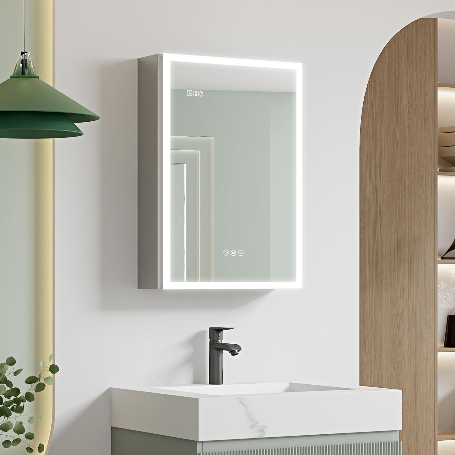 Bathroom Medicine Cabinet with LED Mirror, PIR Motion Sensor, Anti-Fog 3 Color Light & Brightness Adjustment Surface Mount LED Bathroom Cabinet Time&Temp Display (20x28 Left Door)