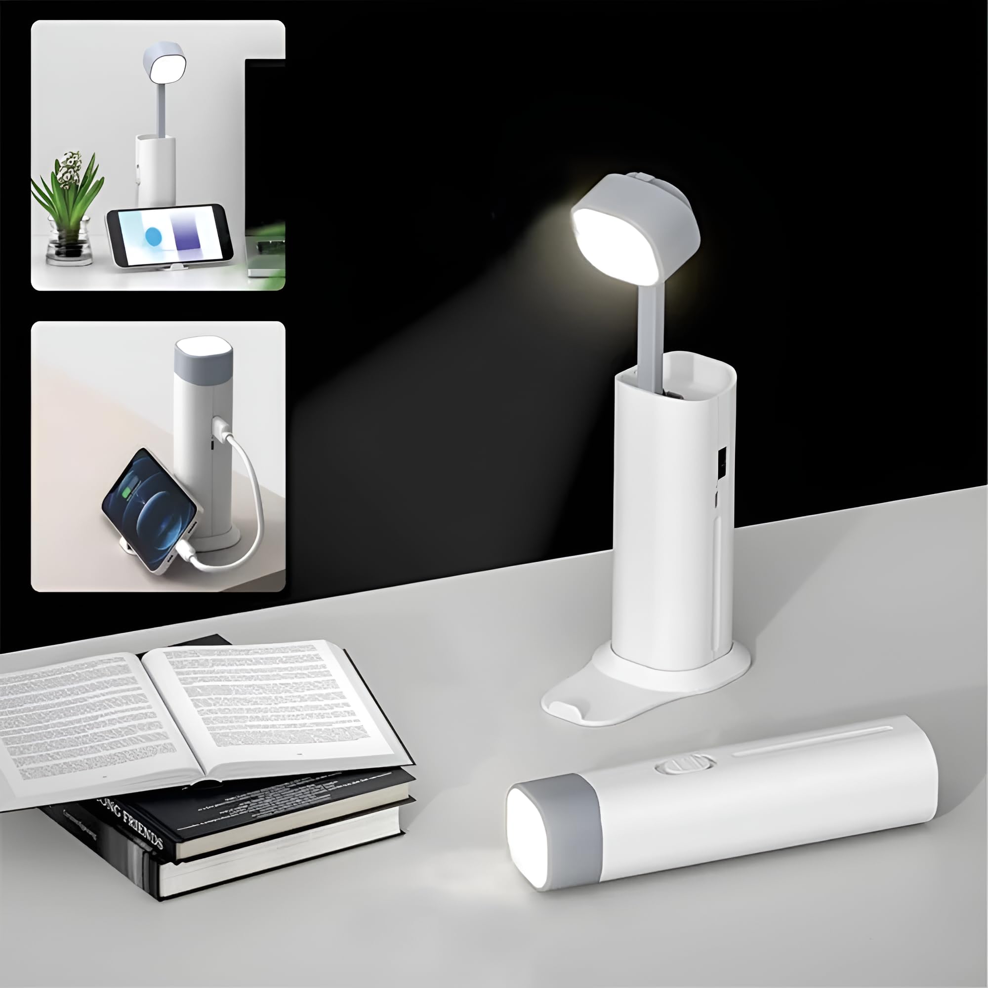 Wireless Charging Study Lamp, Rechargeable Study Table Lamp, Rechargeable Table Desk Lamp with Mobile Holder, Eye Protection, Reverse Charging, Study & Reading Table Lamp (White, D16)-image-20