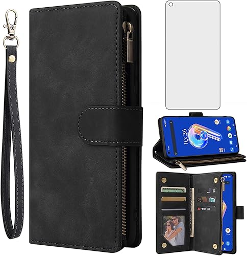 Asuwish Compatible con Asus ZenFone 9 - Funda tipo cartera y protector de pantalla de vidrio templado, funda de cuero con tapa para tarjetero, Negro