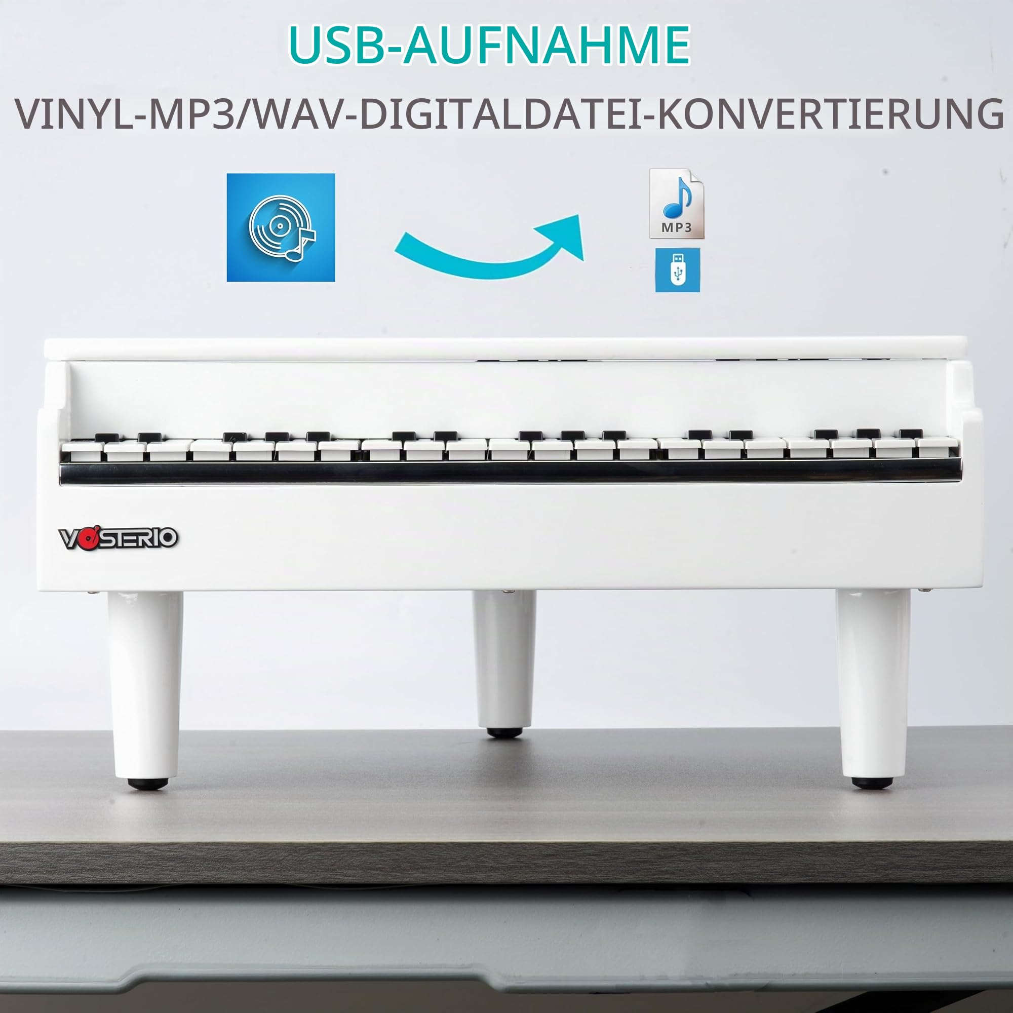 Vosterio Vinyl Plattenspieler, 3-Gang Schallplattenspieler mit eingebauten Stereo-Lautsprechern, Plattendreher mit Bluetooth-Empfangsfunktion und Bluetooth-Ausgang, USB-Spieler, Vinyl-zu-MP3, weiß