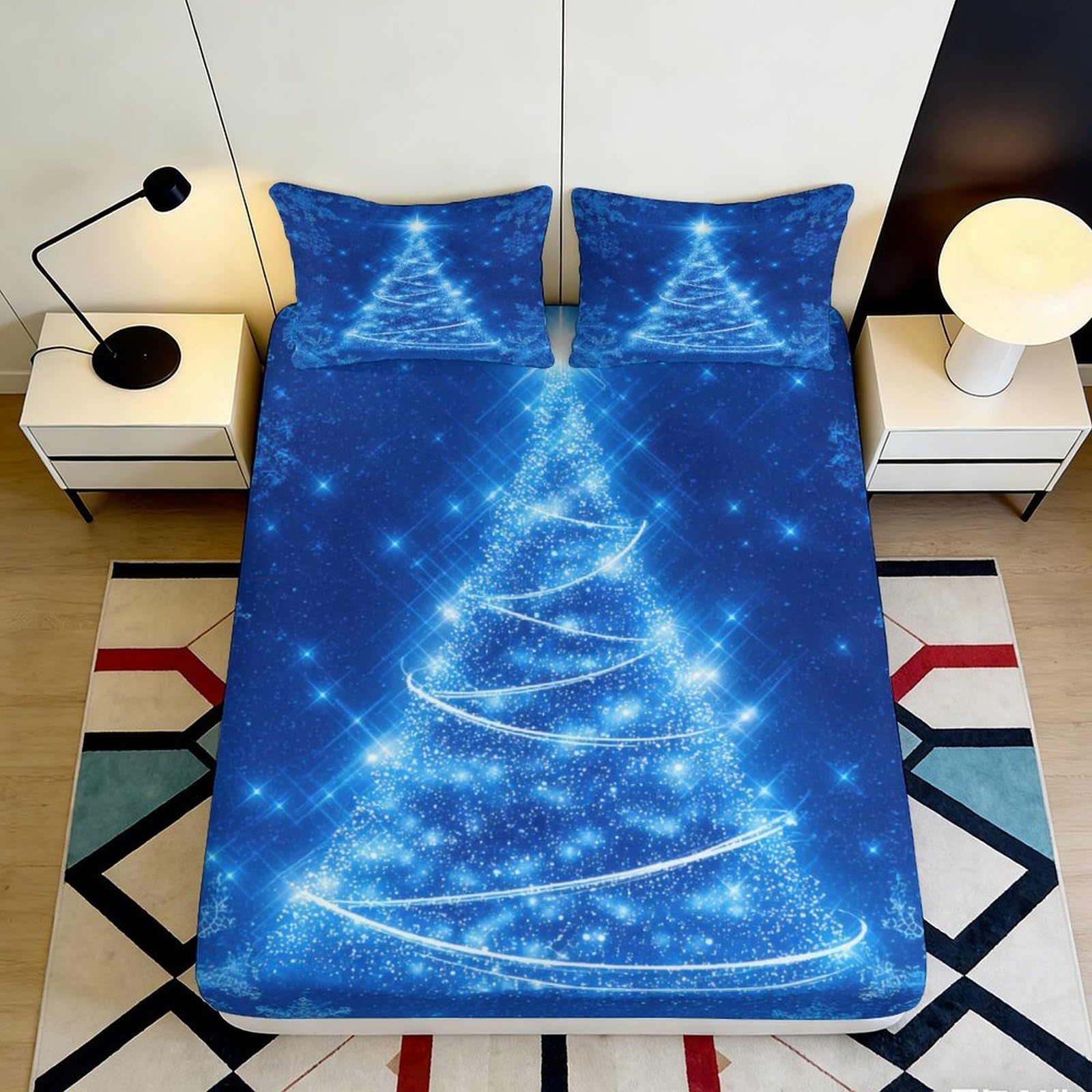 Pnayamiorkfel Style-10 3D Printed Blue Christmas Tree Fitted Sheet Microfiber Anti-Slip Decorative Sparkle Bed Cover For Bedroom Guest Room 90X200x25cm
