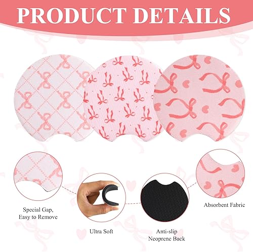 Miniatura 3 de 6 posavasos de automóvil con lazo rosa, posavasos para portavasos con ranura para los dedos, accesorios antideslizantes para el interior del