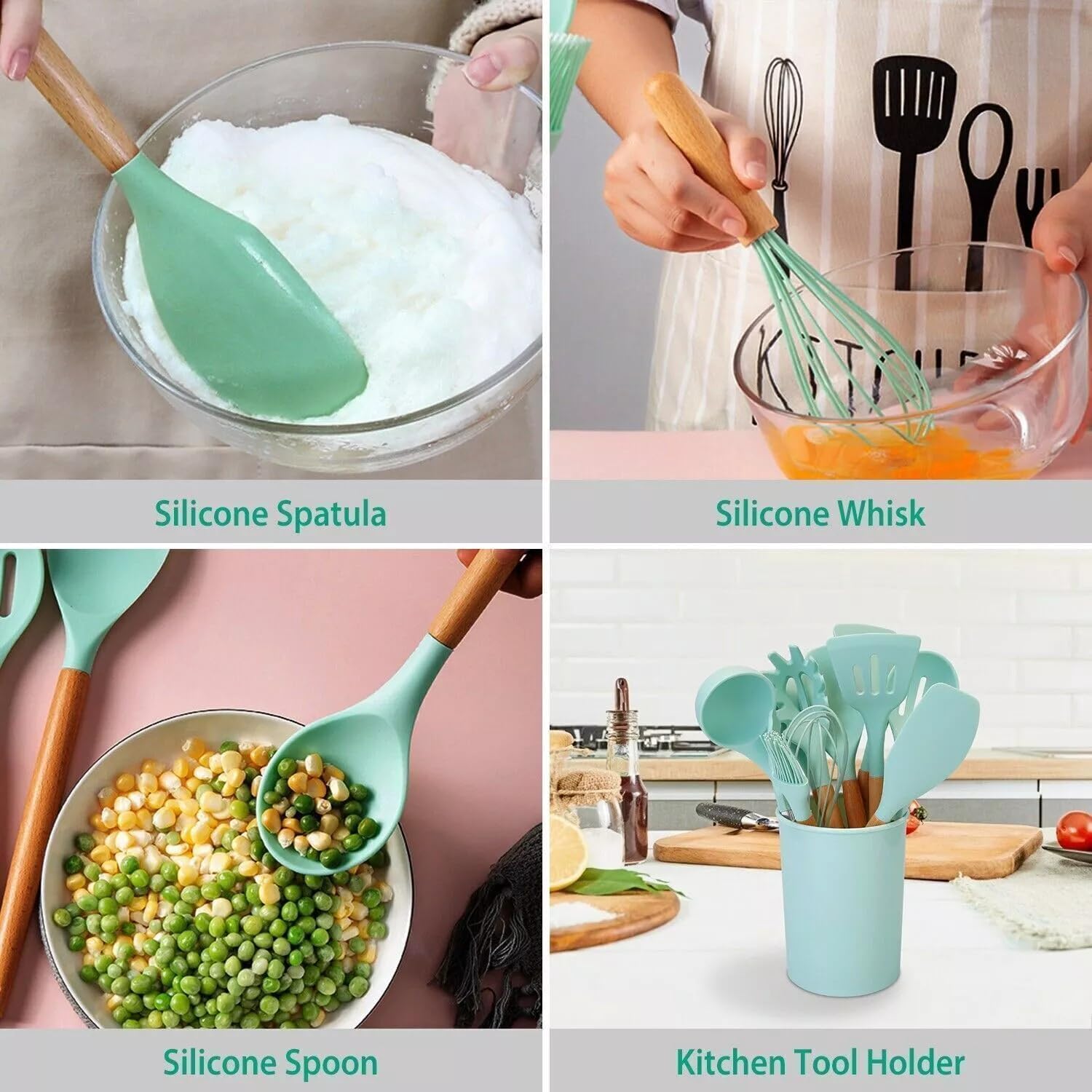 JUGTE - Juego de 12 espátulas de silicona antiadherentes, mango de madera de aislamiento resistente, accesorios de cocina para cocinar con espátula (verde)