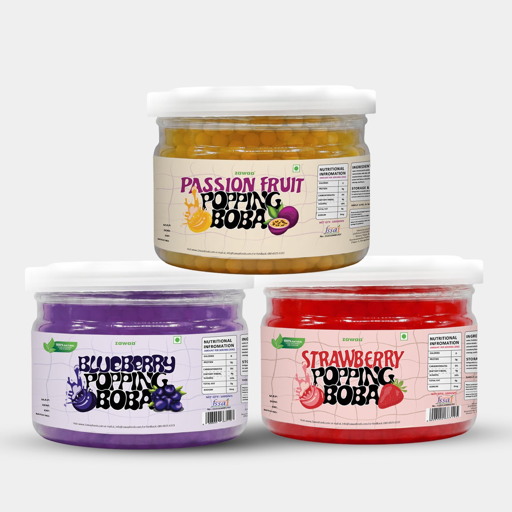 Boba Tea Assorted (Blueberry, Passionfruit and Strawberry) Bubble Tea Popping Bursting Boba Pearls 100g Each Pack of 3 for Ice-cream, Smoothies, Falooda, Puddings, Cakes, Froyo, Milkshake