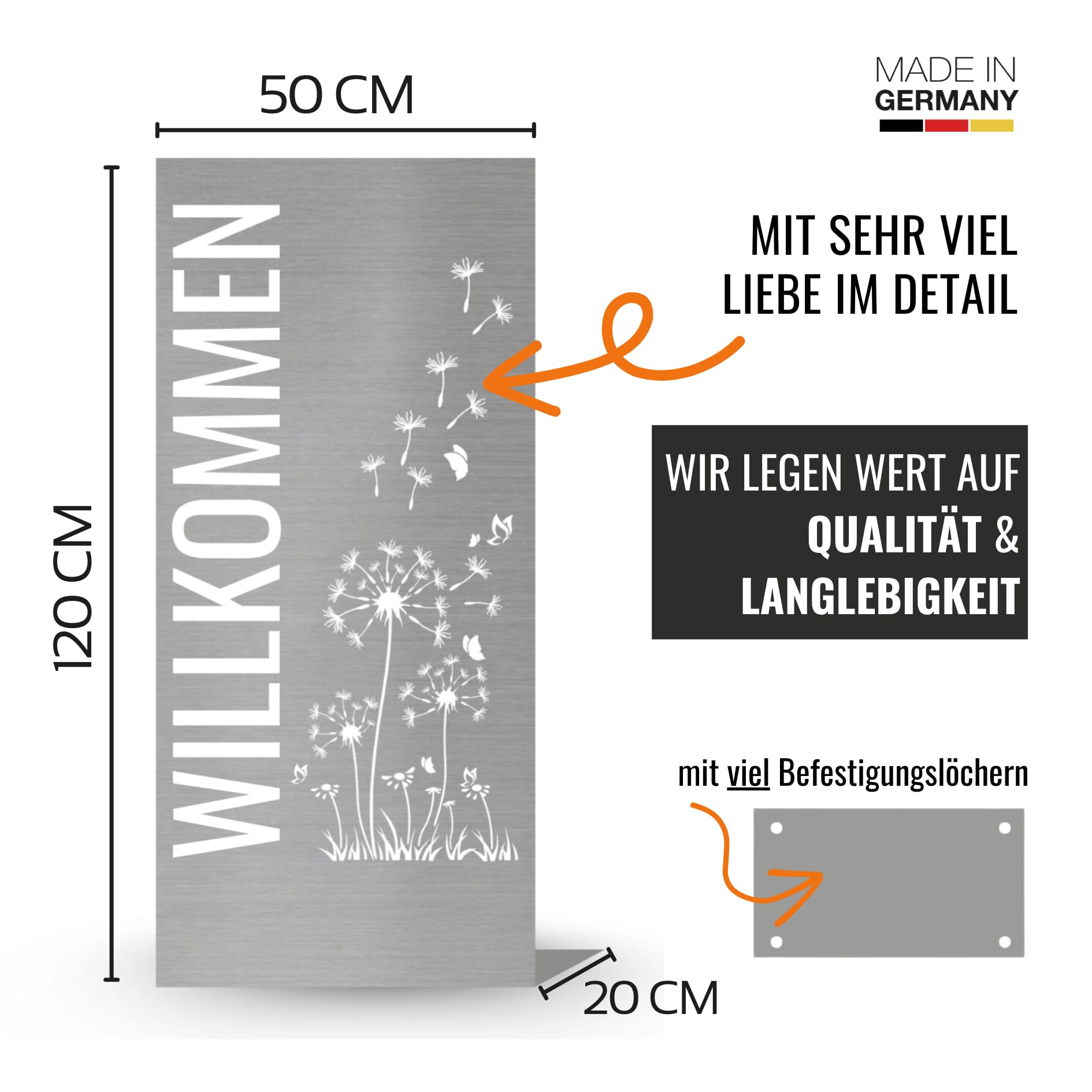 Terma Stahldesign Edelstahl Stele 120x50 cm Willkommen Pusteblume Gartenschild Gartenstele Sichtschutz modern Outdoor Handmade Germany