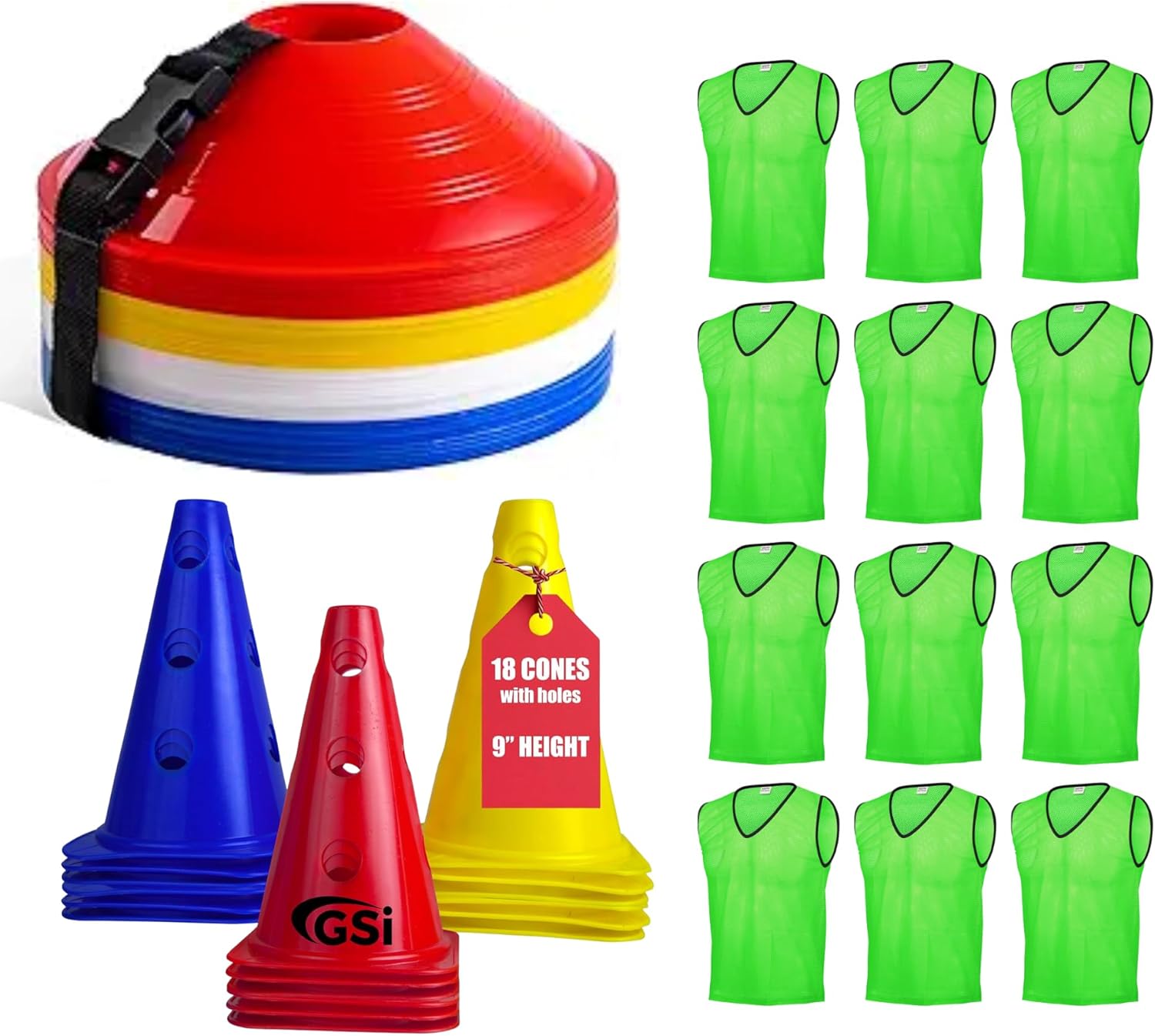 GSi School Sports Team Practice Kit Bundle with -12 Green Pinnies, ‘9” Cones with Hole and 40 Super Cones for Training and Drills