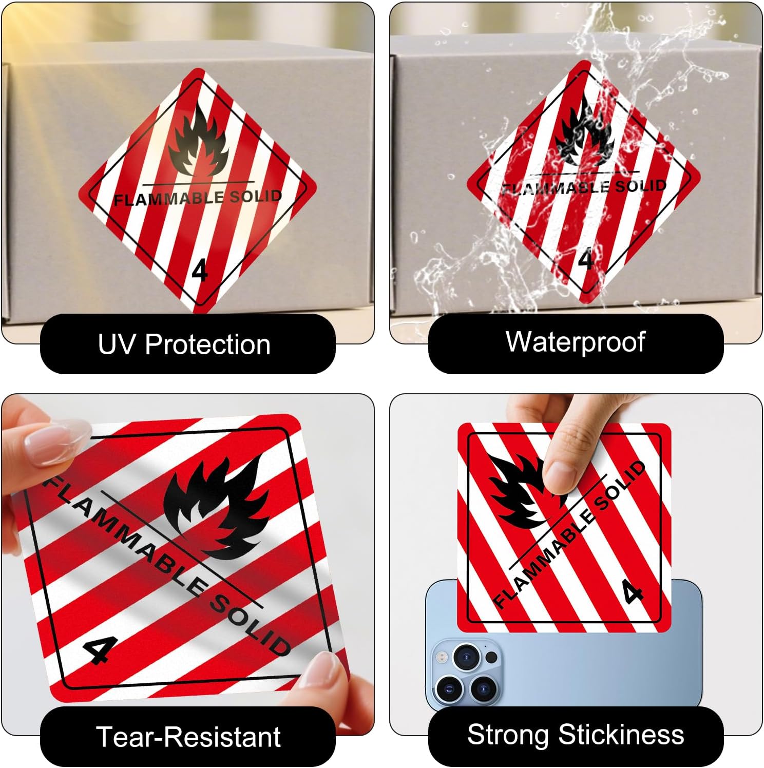 500 PCS Hazard Class 4 D.O.T. Flammable Solid Labels 4 × 4 Inches Waterproof Vinyl Self Adhesive Removable Stickers for Shipping Transportation Storage