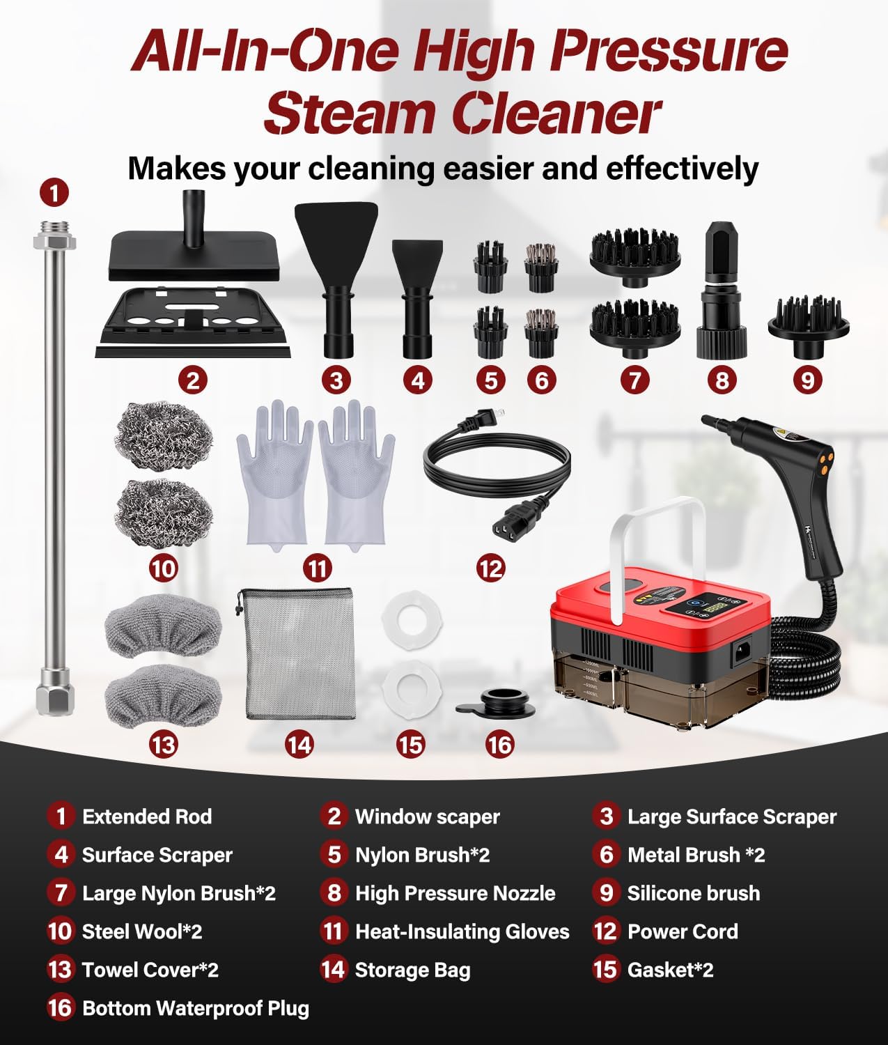 2026 Upgraded Steam Cleaner,10s Heat-Up,1.2L Tank, 6-Level Adjustable Handle,1500W Steamer for Cleaning, Portable Steamer for Cleaning with 20PCS Accessories, Steam Cleaner for Home,Car,Dirt
