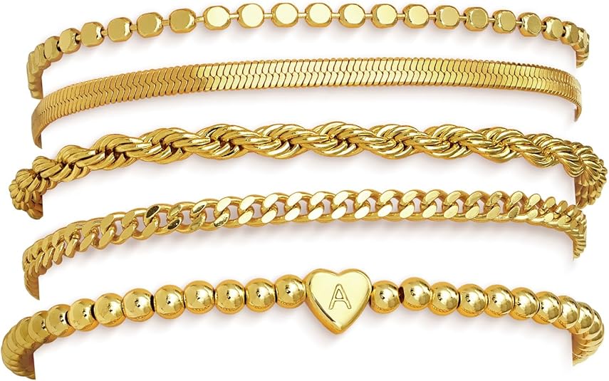 doubgood Gold Bracelets for Women Waterproof Stackable Heart Initial Charm Bracelets Set A-Z Letter 14K Gold Plated Adjustable Chain Link Stack Jewelry Gifts for Women Mother's Day