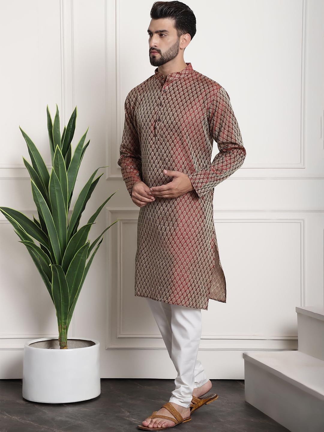 Sojanya (Since 1958 Men's Jacquard Silk Maroon Kurta And Off-White Pyjama With Cream Nehru Jacket