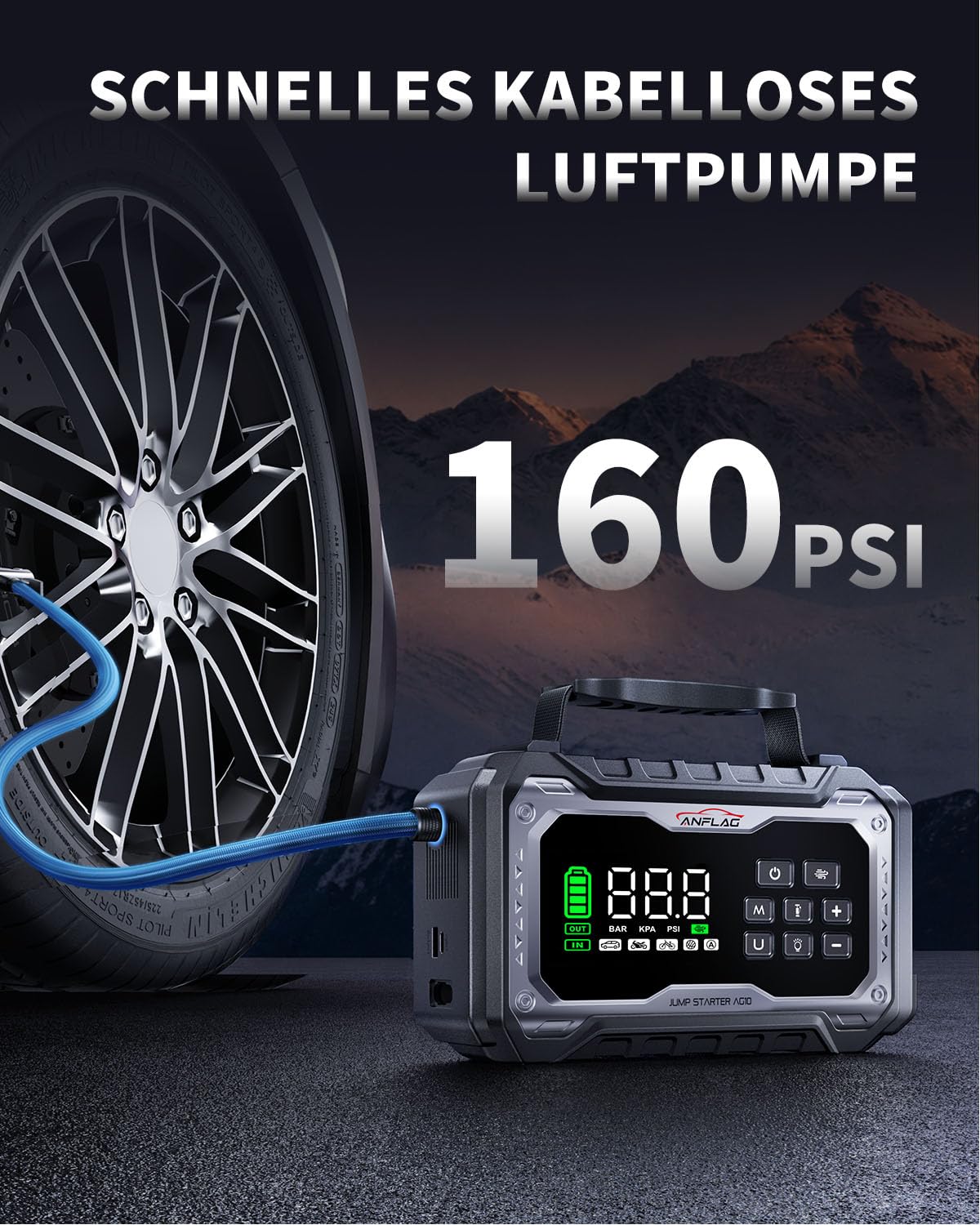 8000A Starthilfe Powerbank für Pkw mit Gebläse und 160PSI Kompressor, Auto Starthilfe Powerbank für All Benzin und 14.0L Dieselmotor, Starter Powerbank 800 Lumen LED Leuchte und LCD Display