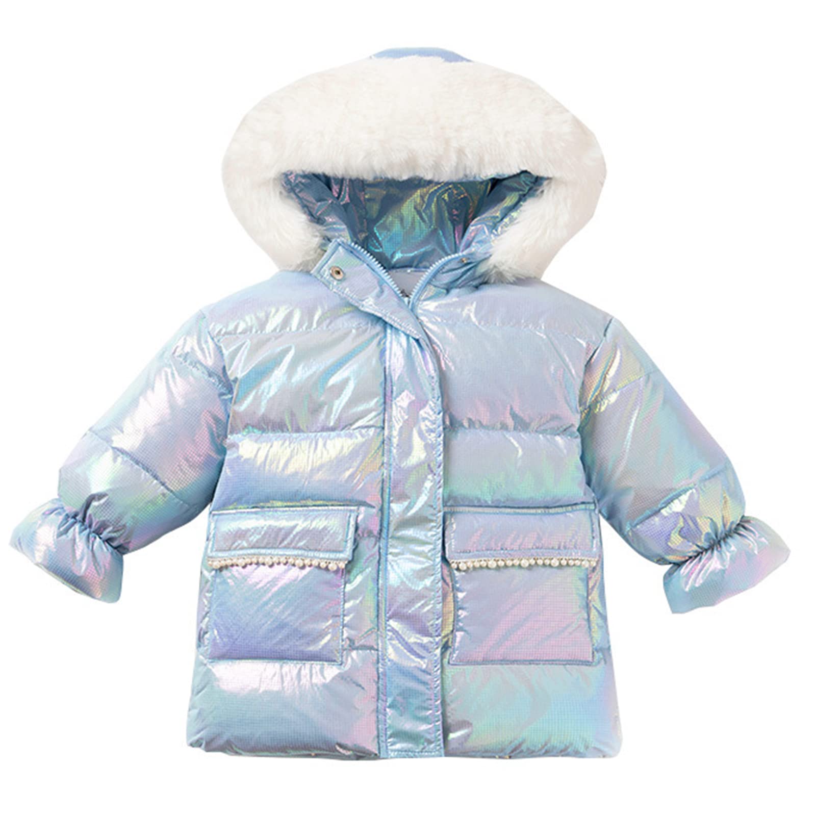 Piumino Invernale Dolce Ragazza di Media Lunghezza 90 Soffice Piumino D'Anatra Bianca Abbagliante Giacca Calda per Bambini Cappotto Colorato Cappuccio Luminoso,Blue,6T(120CM)