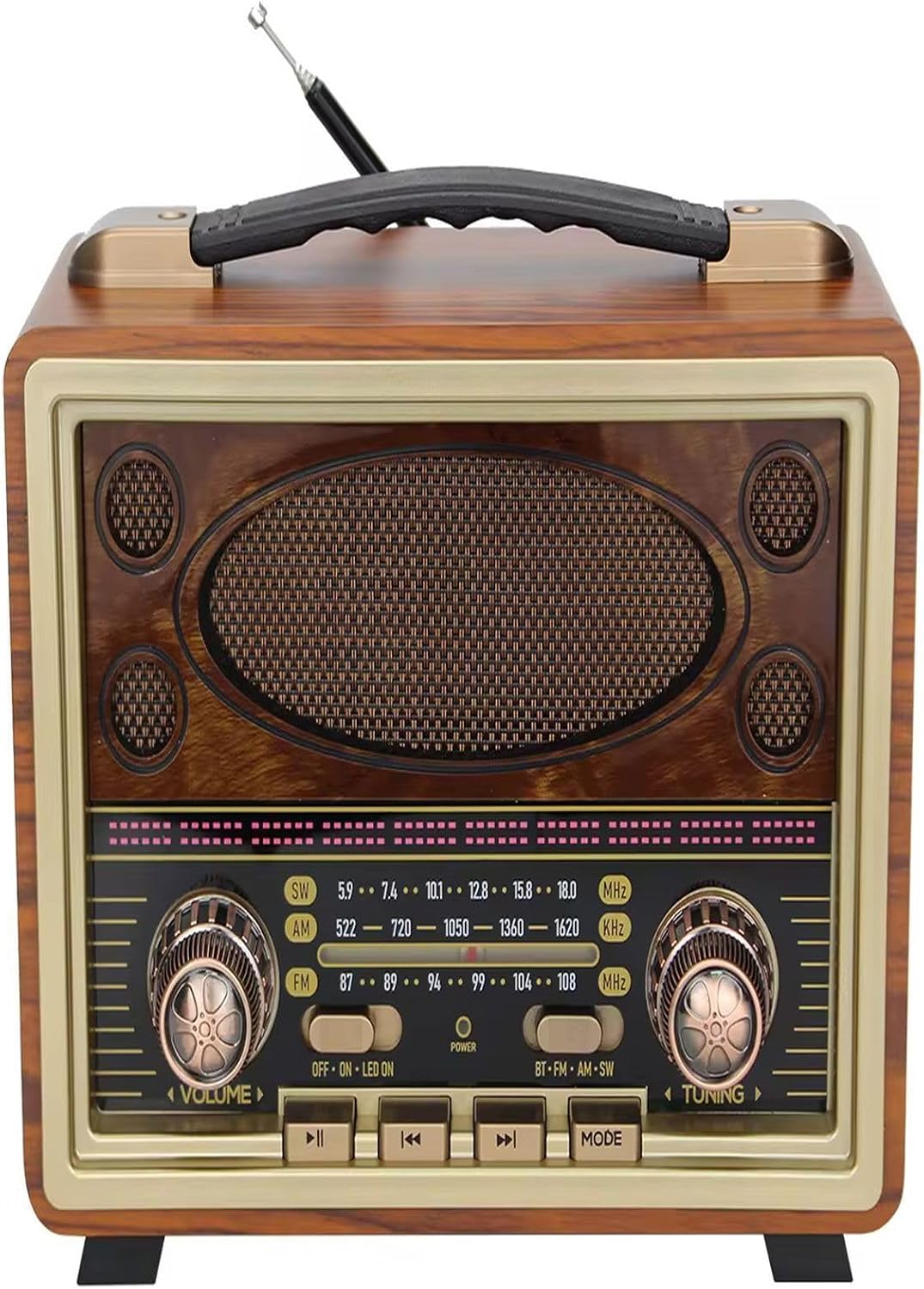 M-2027BT Gerçek Ahşap Eskitme Kaplama Radyo Fm Am Sw USB Tf Aux Destekli Bluetooth Hoparlör, Kahverengi