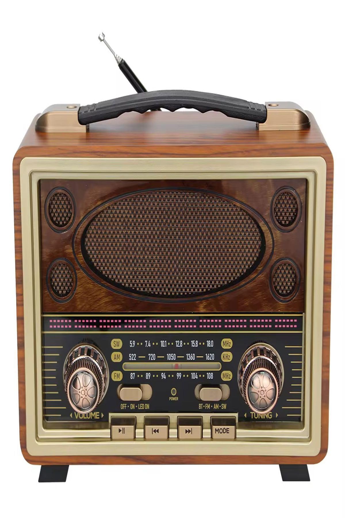Ultratekno M-2027BT Gerçek Ahşap Eskitme Kaplama Radyo Fm Am Sw USB Tf Aux Destekli Bluetooth Hoparlör, Kahverengi