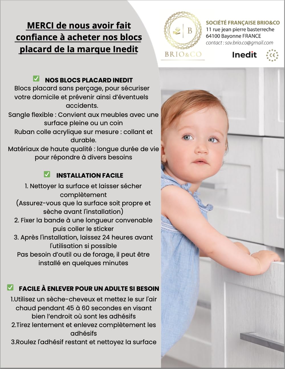 Bloc placard Bebe [Société Française] Sécurité Enfant - Bloque Porte Placard Fenêtre - Protection Sécurite Domestique - Sécurité Serrures Enfant Garantie - Société Française (4 pièces)