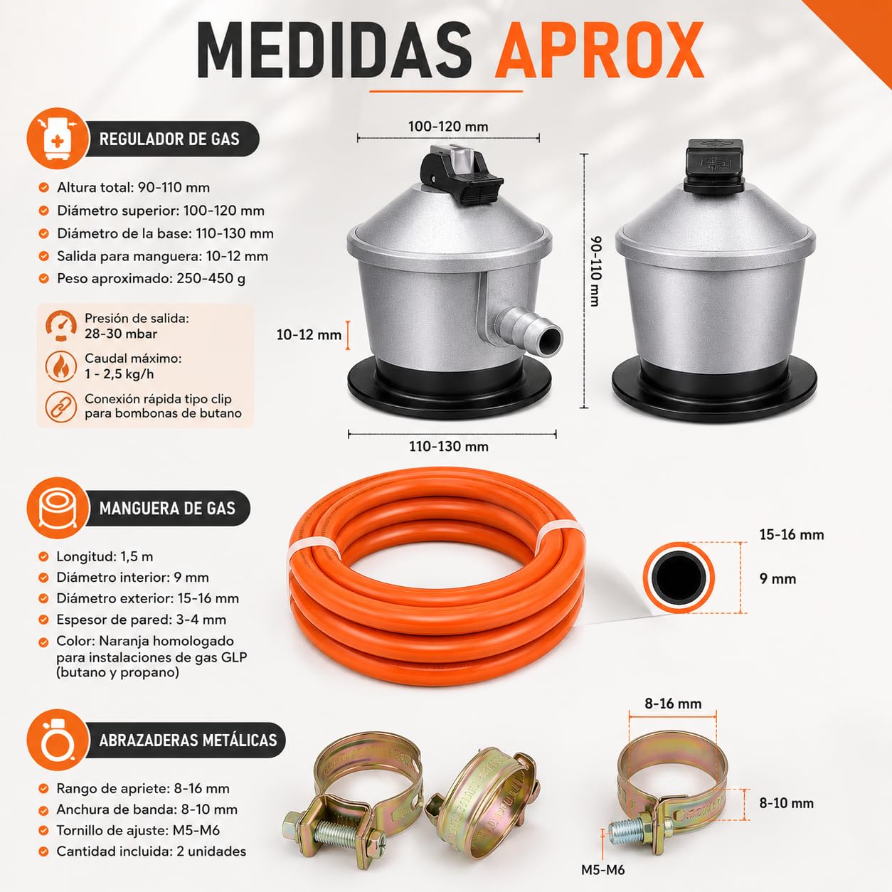 CABLEPELADO Kit Regulador Gas Butano con Valvula de Seguridad, Kit Regulador Gas, Kit regulador butano, Incluye Manguera de 1.50 metros y 2 Abrazaderas, Compatible con Butano, Propano, GLP