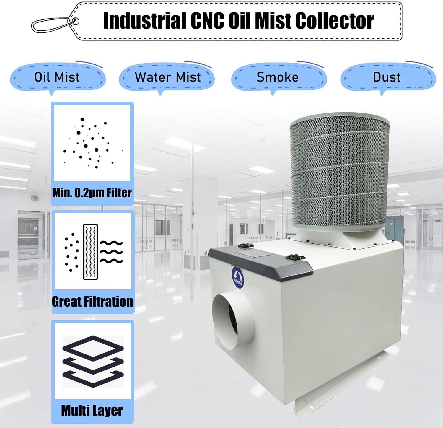 CNC Oil Mist Collector Industrial Oil Fume Purifier CNC Oil Mist Purifier 1000-1117CFM Industrial CNC Soot Purifier 3PH 2HP CNC Machine Tool, 220V Three-Phase