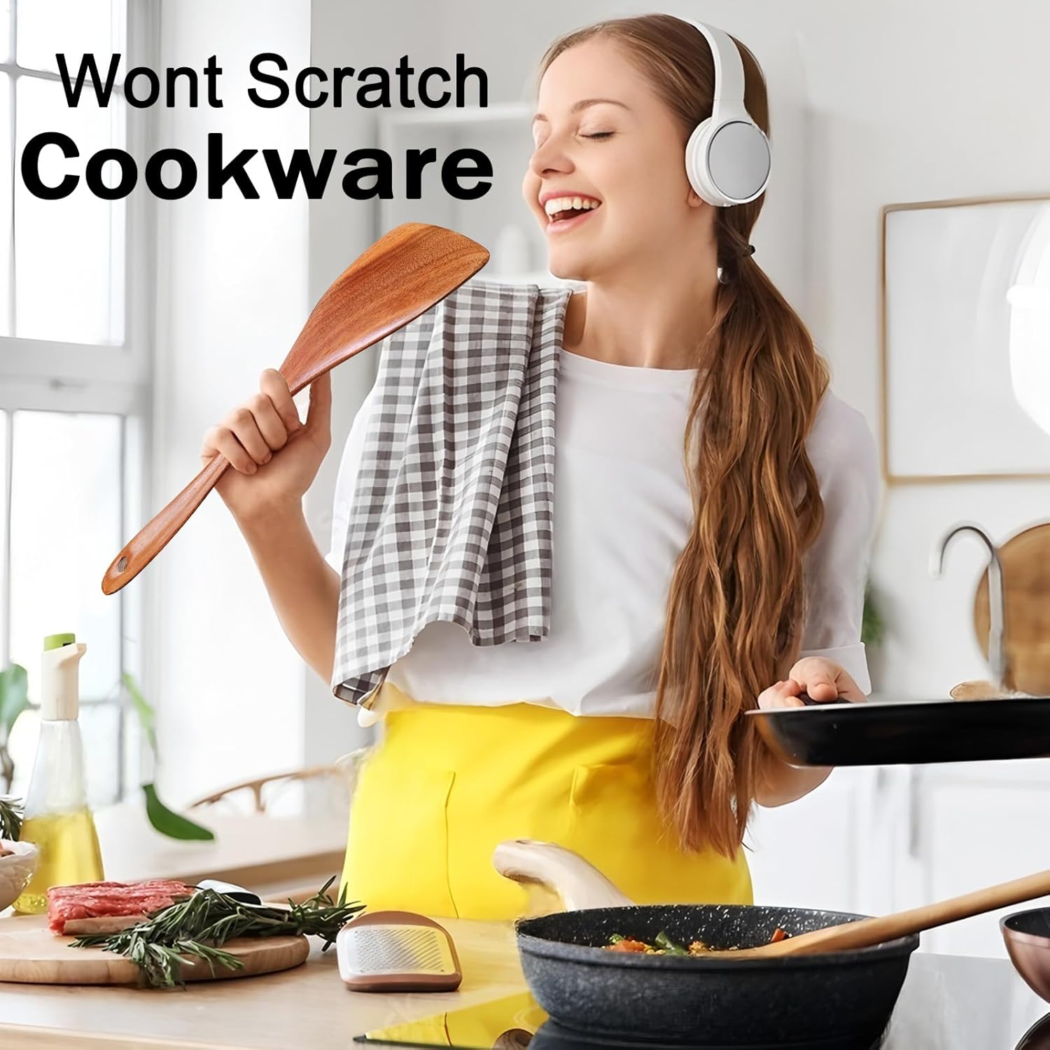 9 Pieces Wooden Spoons for Cooking, Wooden Utensil Set, Wooden Kitchen Utensil Set, With Strainer Spoon, Fried Spatula and Salad Fork, Egg Beater, Utensils Holder (9 Piece Set) - Image 6