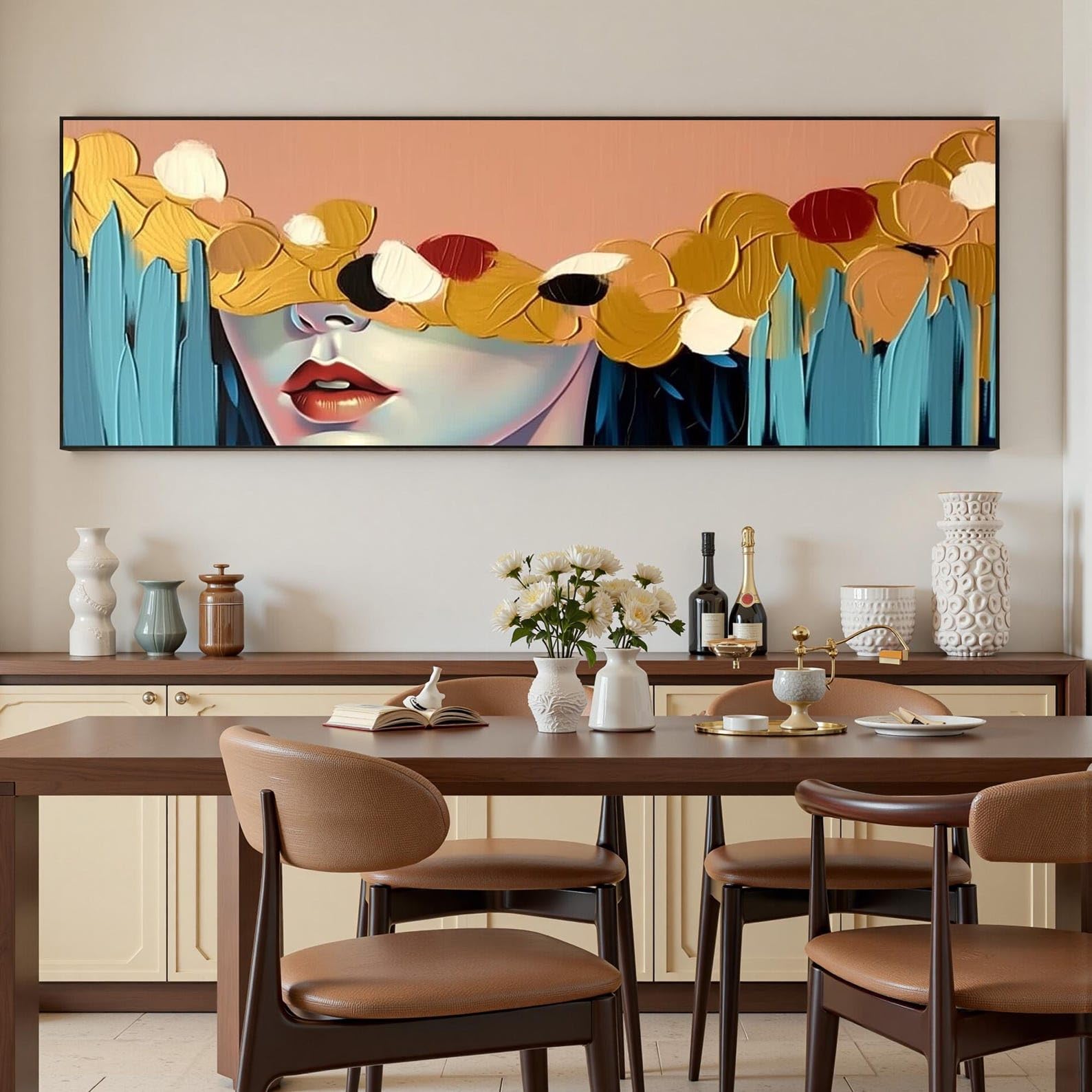 LMYCHENG Abstract Woman Face Canvas Painting, Textured Gold Teal Prints Canvas Art, Bedroom Decor Mural(45x135cm/Frameless)