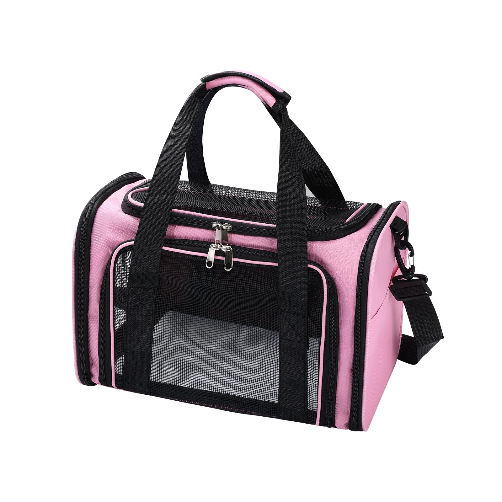 Sac de Transport pour Chat et Chien jusqu'à 5.5 kg,Caisse de Transport Pliable avec Bandoulière Réglable et Matelas Souple–Respirant,Lavable,pour Voyage,Voiture,Vétérinaire(Rose,40x25x25cm)