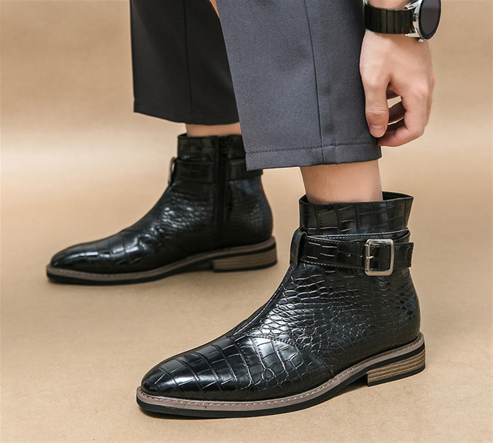 Stivaletti Uomo Stampa Coccodrillo Pelle Formale Chelsea Boots Fibbia Punta Affusolata Scarpe Eleganti Matrimonio Lavoro