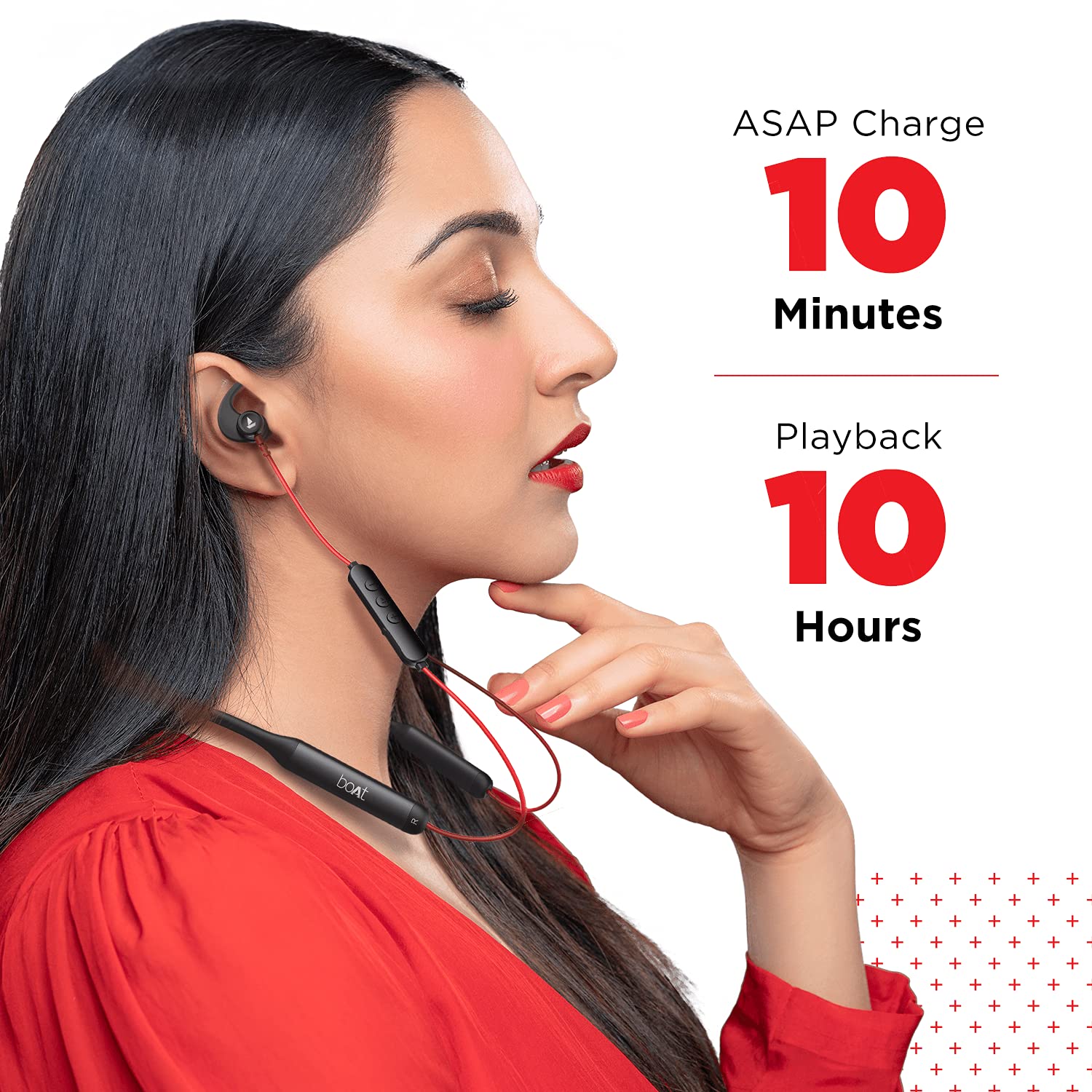 Woman wearing boAt Rockerz 335 Pro neckband, with text indicating 'ASAP Charge 10 Minutes' for 'Playback 10 Hours'.