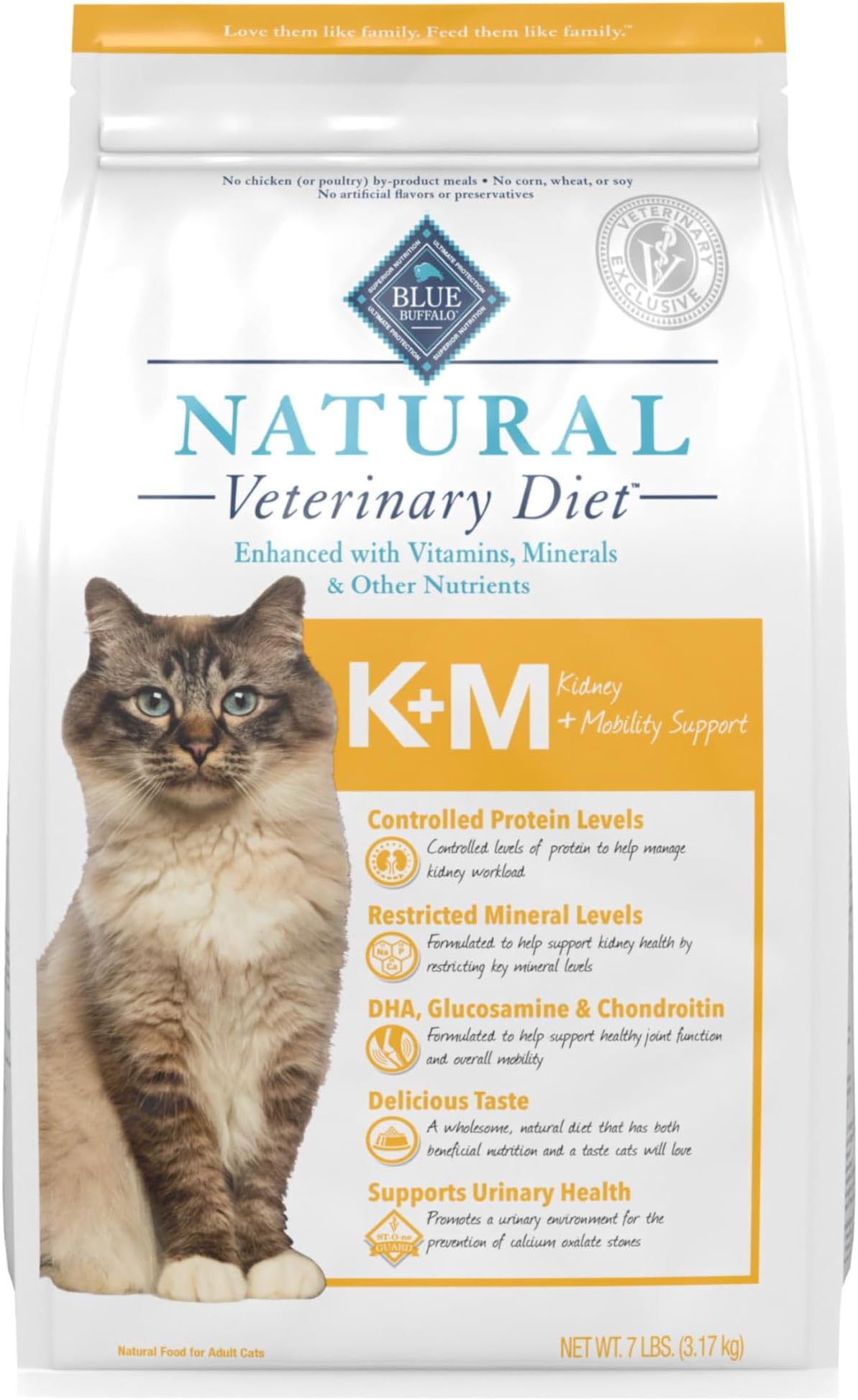 Blue Buffalo Natural Veterinary Diet K+M Kidney + Mobility Support Dry Cat Food, Chicken 7-Lb Bag