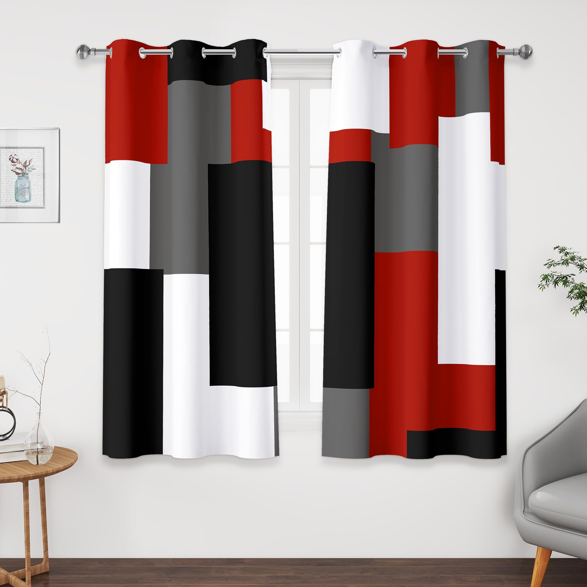 Tyrot Red Black 100% Blackout Curtains 45 inch Length 2 Panels Set White Grey Modern Abstract Geometric Drapes for Kitchen Black Out Curtains Insulated Room Darkening Small Window Curtains, 42Wx45L — image 1
