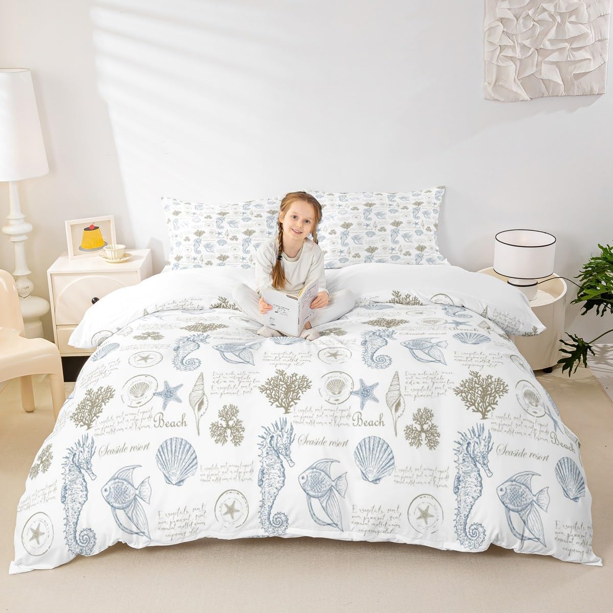 Coastal Duvet Cover Set Full Size,Seashell Conch Seahorse Starfish Coral Bedding Set 3Pcs,Ocean Beach Comforter Cover for Kids Teens Adult Room Decor,Light Blue Beige White Quilt Cover,2 Pillowcases