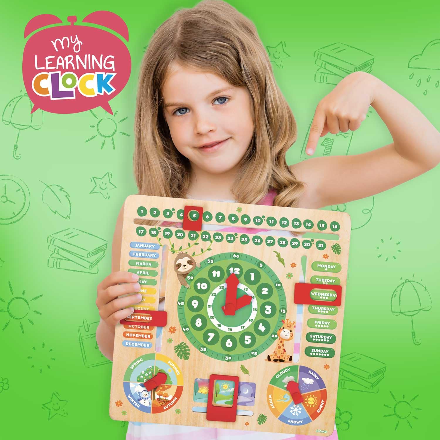 CRAZE Reloj de Aprendizaje en Inglés para Niños, Horas, Clima, Meses, Días de la Semana... Juego Educativo Fabricado en Madera, con Diseños de Animales
