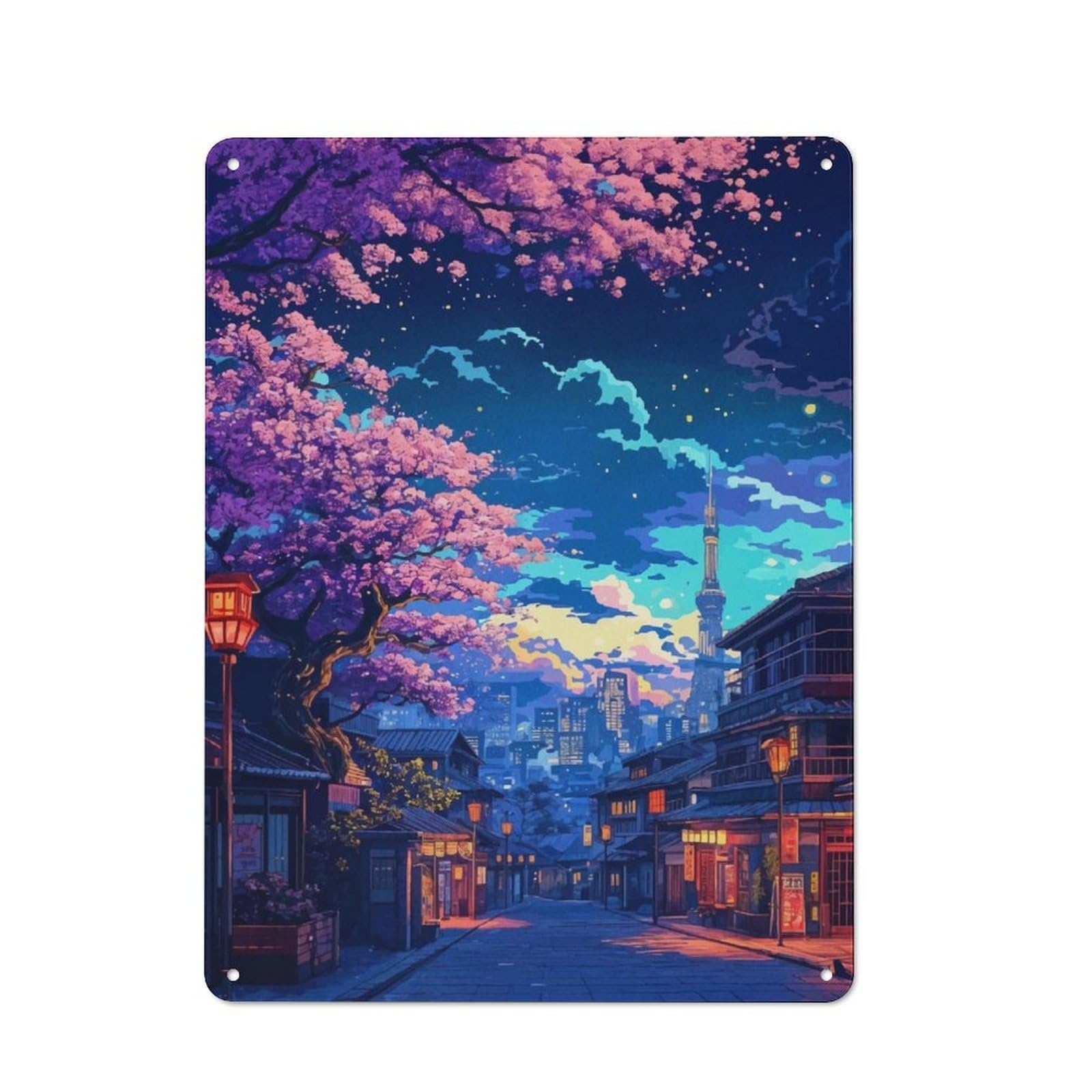 Junmoney Sakura Japan Landscape Classic Metal Wall Decor 40X30cm, Metal Sign For Cafe, Pub, Workshop Or Home Bar, Small Accent For Blank Walls