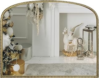 Wemily Antique Gold Arched Wall Mirror 36x28 Inch Beaded Metal Frame - Vintage Decor for Bedroom Living Room Fireplace Mantle